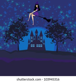 Witch flying on a broom in moonlight.