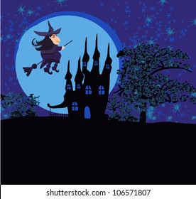Witch flying on a broom in moonlight.