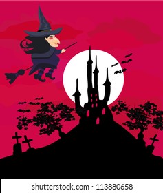  Witch flying on a broom in moonlight.