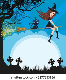 Witch flying on a broom in moonlight - frame