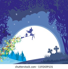 Witch flying on a broom in moonlight