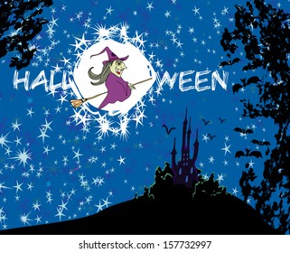 Witch flying on a broom in moonlight. 