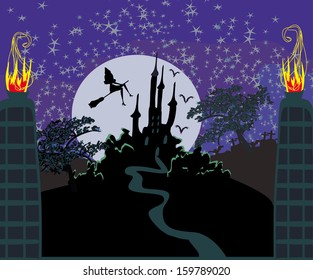 Witch flying on a broom in moonlight. 