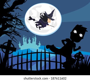 Witch flying on a broom in moonlight. 