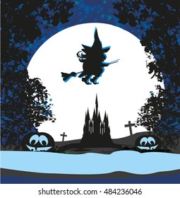 Witch flying on a broom in moonlight.