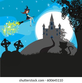 Witch flying on a broom in moonlight