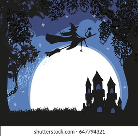 Witch flying on a broom in moonlight. 