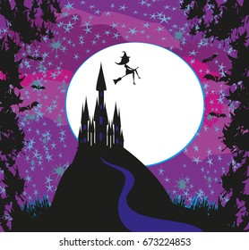 Witch flying on a broom in moonlight. 