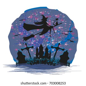 Witch flying on a broom in moonlight.