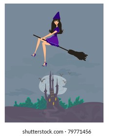 Witch flying on a broom in moonlight.