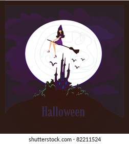 Witch flying on a broom in moonlight.