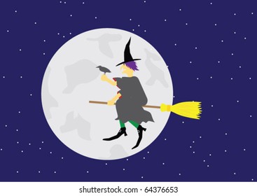 Witch flying on a broom near  the moon in the night sky