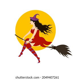Hexe fliegt auf einem Besen gegenüber dem Mond. Halloween-Zaubersymbol.