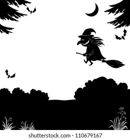 Witch flying on broom over the night forest, the image of a holiday Halloween, black silhouette on white background. Vector illustration