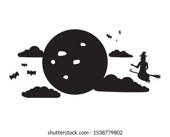 Witch flying on broom over a night landscape. Halloween concept - Vector illustration