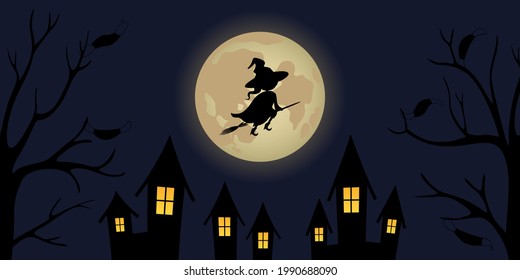 Witch flying on broom over night town. Medical masks hanging on trees. Vector illustration.