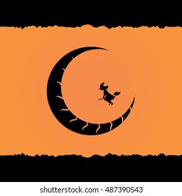 Witch flying on broom over scratched  new moon vector illustration, flat isolated icon, black and orange background, Halloween