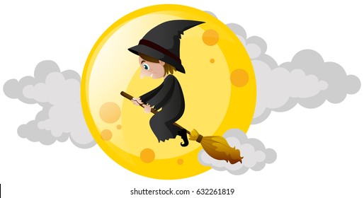 Witch flying on broom over the moon illustration