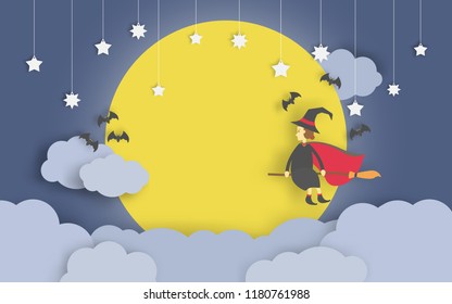 Witch flying on the broom paper art style in clear night sky and full moon background. Vector illustration.