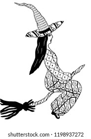 
Witch flying on a broom with patterns in the style of Zenart. Freehand drawing. Black and white. Vector.