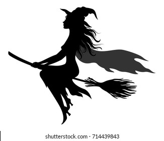 Witch Flying on Broom, Picture for Holiday Halloween, Black Silhouettes Isolated on White Background. Vector