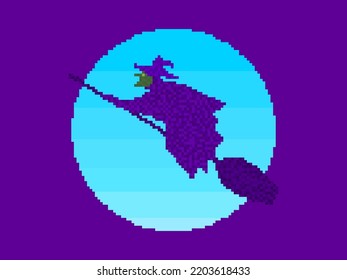 Witch is flying on a broom in pixel art style. Flying witch on the background of the moon in 8-bit 90s video game style in 2D. Design for applications, banners and posters. Vector illustration