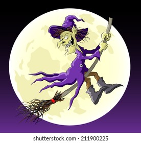 Witch flying on a broom. Scary cartoon hag on background of the moon.