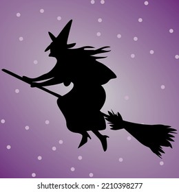 Witch Flying On Broom. Silhouette Of Halloween Symbol In Vector