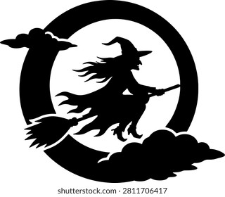 Witch flying on broom silhouette, full moon background with clouds, halloween character icon, spooky sorceress illustration, magical nocturnal scene, flying hag vector, mystical night sky element, occult symbol