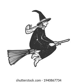 witch flying on a broom sketch engraving vector illustration. T-shirt apparel print design. Scratch board imitation. Black and white hand drawn image.