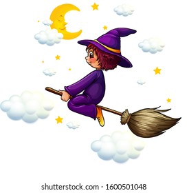 Witch flying on the broom in sky illustration