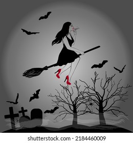Witch flying on a broom with a spooky tree with bats, gravestones, spiderwebs, spiders and full moon. Happy Halloween vector illustration