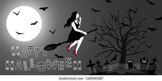 Witch flying on a broom with a spooky tree with bats, gravestones, spiderwebs, spiders and full moon. Happy Halloween vector illustration