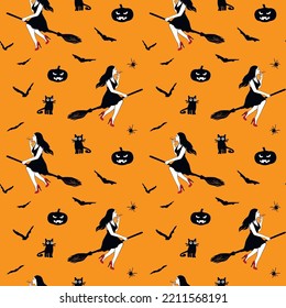 Witch flying on a broom with spooky bats, spiders, cats and pumpkins. Happy Halloween seamless vector illustration