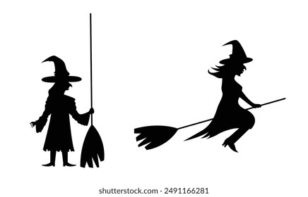 Witch Flying on a Broom and Standing Silhouette. Seasonal national holiday and fantasy character concept vector