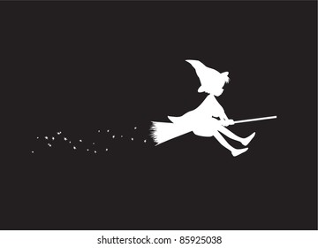 Witch flying on broom stars trail black background