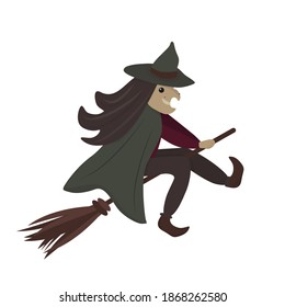 Witch is flying on the broom stick. Old ugly female with big nose is sitting on the broom. Flat hand drawn character for Halloween, fantasy, witchcraft, befana day. Vector isolated on white background