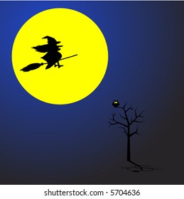 Witch flying on a broom stick across a full moon. Concept: Halloween.