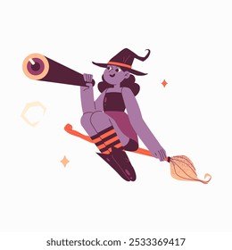 Witch Flying On Broom With Telescope In Flat Vector Illustration Symbolizing Halloween, Magic, And Exploration, Isolated On White Background