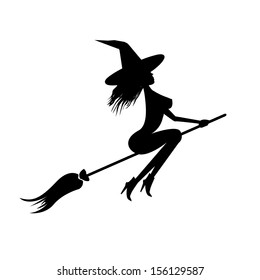 Witch flying on witch broom. vector witch silhouette. 