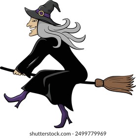 Witch flying on broom, vector illustration