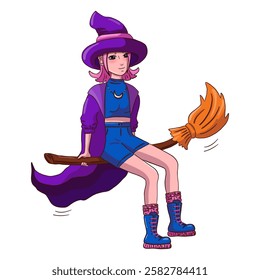 Witch is flying on a broom on white background. Vector illustration.