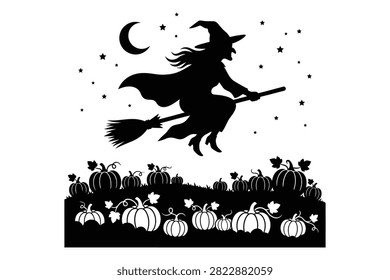 Witch flying on broomstick above pumpkins with stars and moon