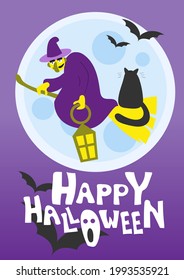 The witch is flying on a broomstick against the background of a large moon and holds a lantern in her hand. happy halloween lettering.