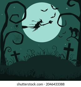 A Witch Flying On A Broomstick Against The Background Of The Moon. Cat, Spider, Web. A Grave With A Cross. Trees And Bushes. Halloween