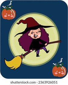 Witch flying on broomstick against full moon light, wizard wearing costume. Halloween holiday celebration, fantasy and magic on all hallows eve in autumn season. Cartoon vector