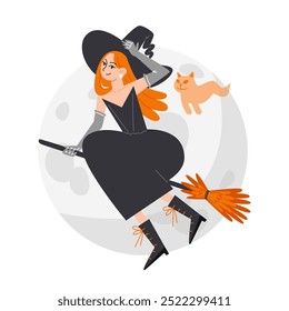 Witch Flying on a Broomstick Against a Full Moon with a Ghost Cat