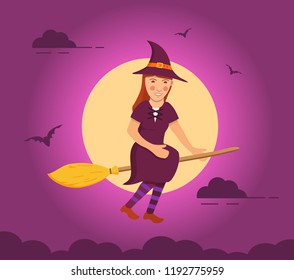 Witch flying on broomstick background of a full moon. Purple dark night sky.Holiday Halloween bat flat vector.