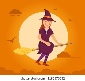 Witch flying on broomstick background of a full moon. Holiday Halloween bat flat vector.Girl in carnival costume.Website banner concept.