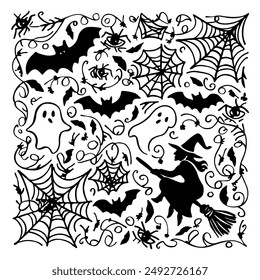 Witch flying on broomstick, bats, spiders, cobwebs and ghost. Vector monochrome decorative decorative silhouette illustration for Halloween